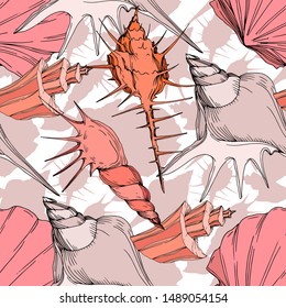 Summer beach seashell tropical elements. Engraved ink art. Seamless background pattern. Fabric wallpaper print texture on white background.