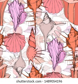Summer beach seashell tropical elements. Engraved ink art. Seamless background pattern. Fabric wallpaper print texture on white background.