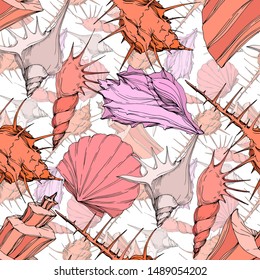 Summer beach seashell tropical elements. Engraved ink art. Seamless background pattern. Fabric wallpaper print texture on white background.