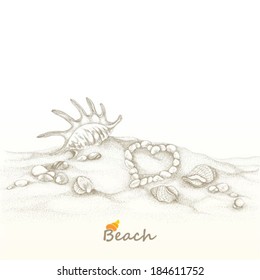 Playa de verano con conchas, ilustración a mano.