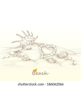 Summer Beach With Seashells, Hand-drawn Illustration. 