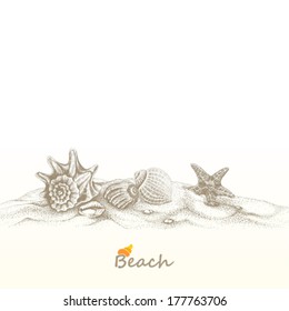 Summer beach with seashells and sea star. 