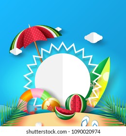 Summer beach in seashore banner background concept design with sun and object elements.Paper art vector illustration