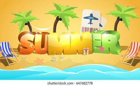 Summer in Beach Seashore with palm trees, air tickets and ?haise-longue. Vector Illustration.