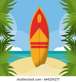 summer beach in the seashore with surfboard and leaves palm border.