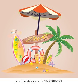 Summer Beach in the Seashore with Beach Umbrella and Font. Background for Beach Holidays. Vector Illustration EPS 10