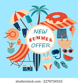 Summer beach. Season sale. Summertime special offer. Tropical palm. Lounger and sunbathing umbrella. Sunglasses and journey clothing. Vacation object frame. Paradise discount vector banner