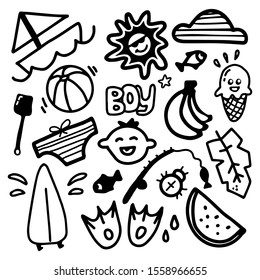 Summer beach set with baby boy elements isolated on white background. Vector doodle outline icons.Can be used as emoji or symbol for kids or little seamless pattern for wrapping gift box.Cute children