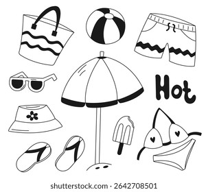 Summer beach set. Black and white doodles of bikini, umbrella, sunglasses, flip flops, bag, ice cream, ball, hat, shorts. Vector illustration.