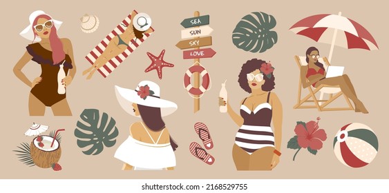 Summer beach set in boho style. A girl in a swimsuit on the beach. Vector clipart.