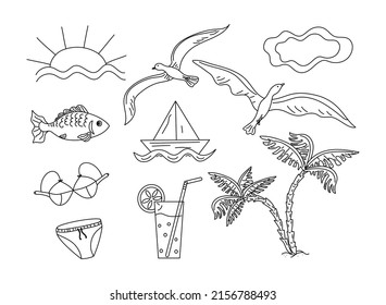 Summer beach set. Cartoon attributes of rest on the sea and ocean. Swimsuit, drink in a glass, seagulls, sun. Set of vector summer holidays. Illustration on an isolated background.