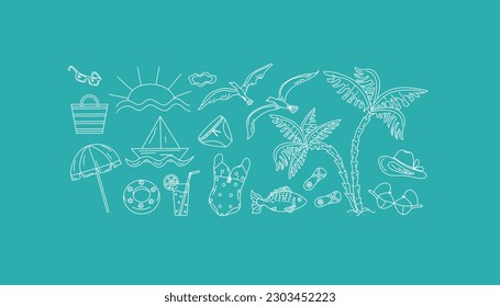 Summer beach set. Cartoon attributes of rest on the sea and ocean. Swimsuit, drink in a glass, seagulls, sun. Set of vector summer holidays. Illustration on an isolated background.