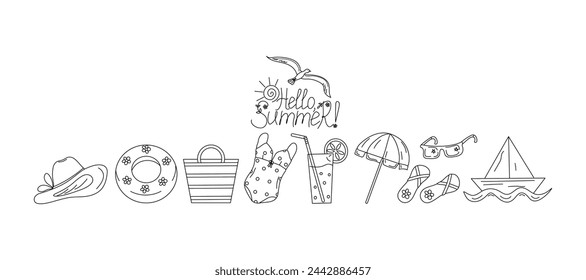 Summer beach set. Cartoon attributes of seaside holidays, vacations, travel. Hand lettering, linear icons. Illustration on an isolated background.