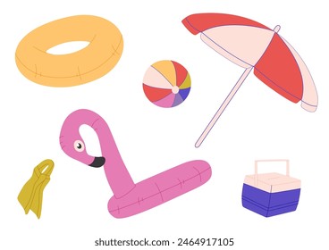 Summer beach set. Cartoon attributes of a holiday on the sea and ocean, umbrellas, inflatable rings, ball, refrigerator, fins. Vector set of summer holidays