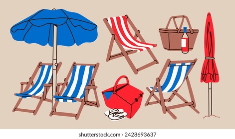 Summer beach set. Beach chairs, wooden deck chair, sun umbrella, picnic basket, sunbed. Hand drawn Vector illustration. Trendy unique style. Isolated design elements. Vacation, relax, holiday concept