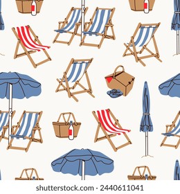 Summer beach set. Beach chairs, wooden deck chair, sun umbrella, picnic basket, sunbed. Hand drawn Vector illustration. Square seamless Pattern. Background, wallpaper. Vacation, relax, holiday concept