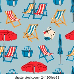 Summer beach set. Beach chairs, wooden deck chair, sun umbrella, picnic basket, sunbed. Hand drawn Vector illustration. Square seamless Pattern. Background, wallpaper. Vacation, relax, holiday concept