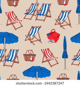 Summer beach set. Beach chairs, wooden deck chair, sun umbrella, picnic basket, sunbed. Hand drawn Vector illustration. Square seamless Pattern. Background, wallpaper. Vacation, relax, holiday concept
