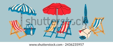 Summer beach set. Beach chairs, wooden deck chair, sun umbrella, picnic basket, sunbed. Hand drawn Vector illustration. Trendy unique style. Isolated design elements. Vacation, relax, holiday concept