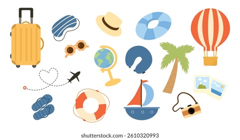 Summer beach set. Collection of traveling, vacation elements. Journey or trip elements for flight.Balloon, suitcase, palm, ship, beach accessories. Flat vector illustration on white background.