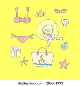 Summer beach set. Drawn by hand. Swimsuit, goggles, shale, a bag with anchor hat with a bow, shells, starfish. Vector.
