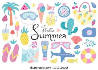 Summer beach set of elements with hand lettering on a white background. Recreation, tourism. Vector images in a flat style.