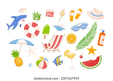 Summer beach set graphic elements in flat design. Bundle of tropical leaf, flowers, deck chair, fruits, cocktails, sunscreen, ice cream, lifebuoy and other. Vector illustration isolated objects.	
