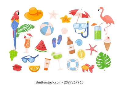 	
Summer beach set graphic elements in flat design. Bundle of palm leaf, flowers, flamingo, parrot, watermelon, cocktails, lifebuoy, fruits, goldfish and other. Vector illustration isolated objects.