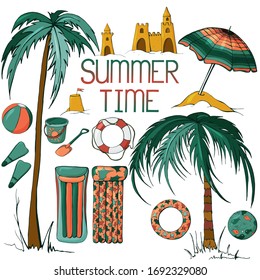 Summer beach set with hand drawn elements: umbrella, palms, sand castle, ball, flippers, lifebuoy, rubber ring, inflatable mattress. Vector illustration