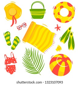 Summer beach set: hat, bag, circle, glasses, flip flops, towel, flippers, swimsuit, ball, shell, starfish, palm leaf. Vector illustration in cartoon style, isolated