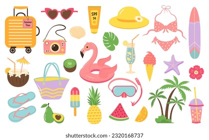 Conjunto de íconos de la playa de verano. Cuta colección de stickers de dibujos animados. Vacaciones de verano, hola verano, fiestas en la playa, concepto de relajación.