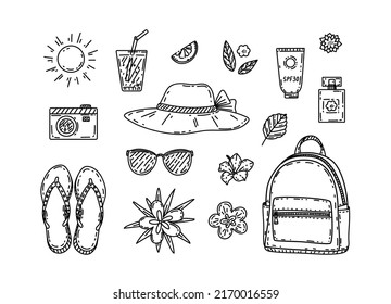 Summer beach set icons hand drawn in sketch style. Vector illustration isolated on white background