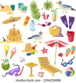 Summer beach set of isolated flat cartoon icons on a white background. Vector illustration