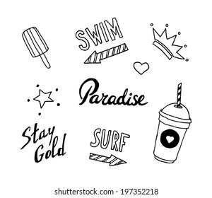 Summer beach set in old school tattoo style, vector