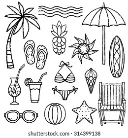 Summer beach set. Palm tree, sun, umbrella, flip flops sandal, surfboard, deck chair, swimsuit, ice cream cone, cocktail, pineapple, sunglasses, ball, flip flop sandals, starfish