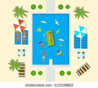 Summer beach set. Recreation, tourism, vacation on sea. Family is resting in pool at the hotel. Outdoor furniture and people. Swimming pool, plants. View from above. Illustration in cartoon style.