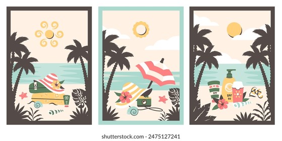 Summer beach. Set of  retro posters with summer landscapes. Tropical beach, sunhat, umbrella, camera, suitcases, Sunscreen bottles. Vector cartoon flat illustration