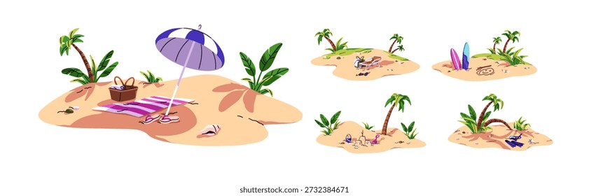 Summer beach set. Sand coast with chaise lounges, umbrellas, surfboards and palm trees. Sea resort vacations. Seashore with leaves, sunshade and seabeds. Flat isolated vector illustrations on white