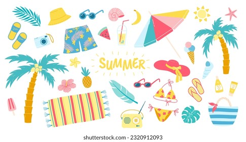 Summer beach set. Sea and ocean recreation attributes, parasol, sunglasses, slippers and swimsuits. Vector summer vacations set