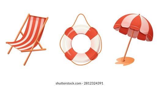 Summer beach set: striped deck chair, lifebuoy and beach umbrella. Vector illustration. Design for travel and summer vacation.