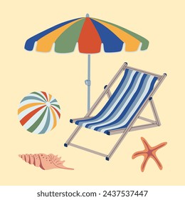 Summer beach set. Sun umbrella, beach chair, ball, seashell, starfish. Hand drawn vector illustration isolated on light background, modern flat cartoon style.