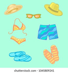 Summer beach set set with sunglasses, bikini, hat and flip-flops. vector icons isolated, eps 10