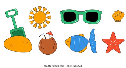 Praia de verão com óculos de sol, coco, estrelas-do-mar