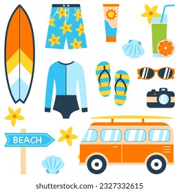 Summer beach set with surfing items isolated on white background. Surfboard, surf bus, swimsuit, sunglasses, sunscreen, cocktail, flip flops icon. Vector illustration in flat style.