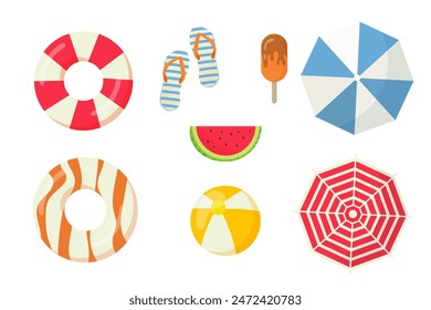 Summer beach set. Swimming lap, ball, flip flops, watermelon and ice cream. Vector illustration isolated on white background