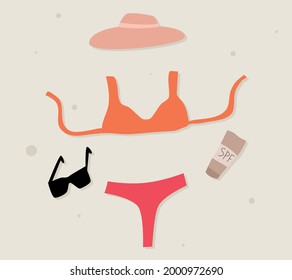 Summer beach set with a swimsuit, sunglasses, sun cream and a hat. Vector flat illustration