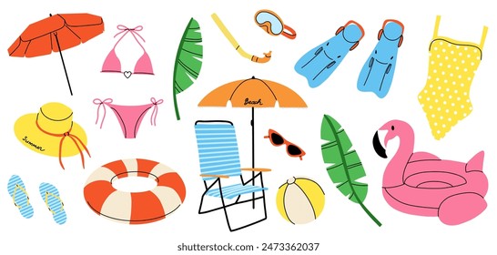 Playa de verano. Paraguas, tumbona, anillo inflable y bola. Sombrero de baño y gafas. Aletas y máscara de buceo. Viaje de vacaciones de verano. Vacaciones en el mar. Vector de dibujos animados ilustración aislada plana