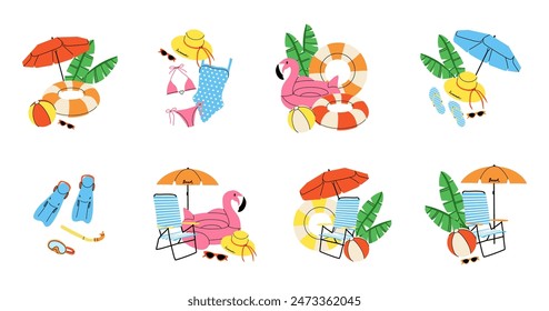 Summer beach set. Umbrella, sun lounger, inflatable ring and ball. Swimsuit hat and glasses. Fins and diving mask. Summertime holiday journey. Sea vacation, vector cartoon flat isolated illustration