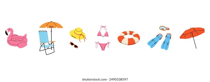 Summer beach set. Umbrella, sun lounger, inflatable ring and ball. Swimsuit hat and glasses. Fins and diving mask. Summertime holiday journey. Sea vacation, vector cartoon flat isolated illustration