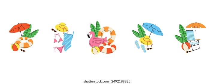 Summer beach set. Umbrella, sun lounger, inflatable ring and ball. Swimsuit hat and glasses. Fins and diving mask. Summertime holiday journey. Sea vacation vector cartoon flat isolated illustration